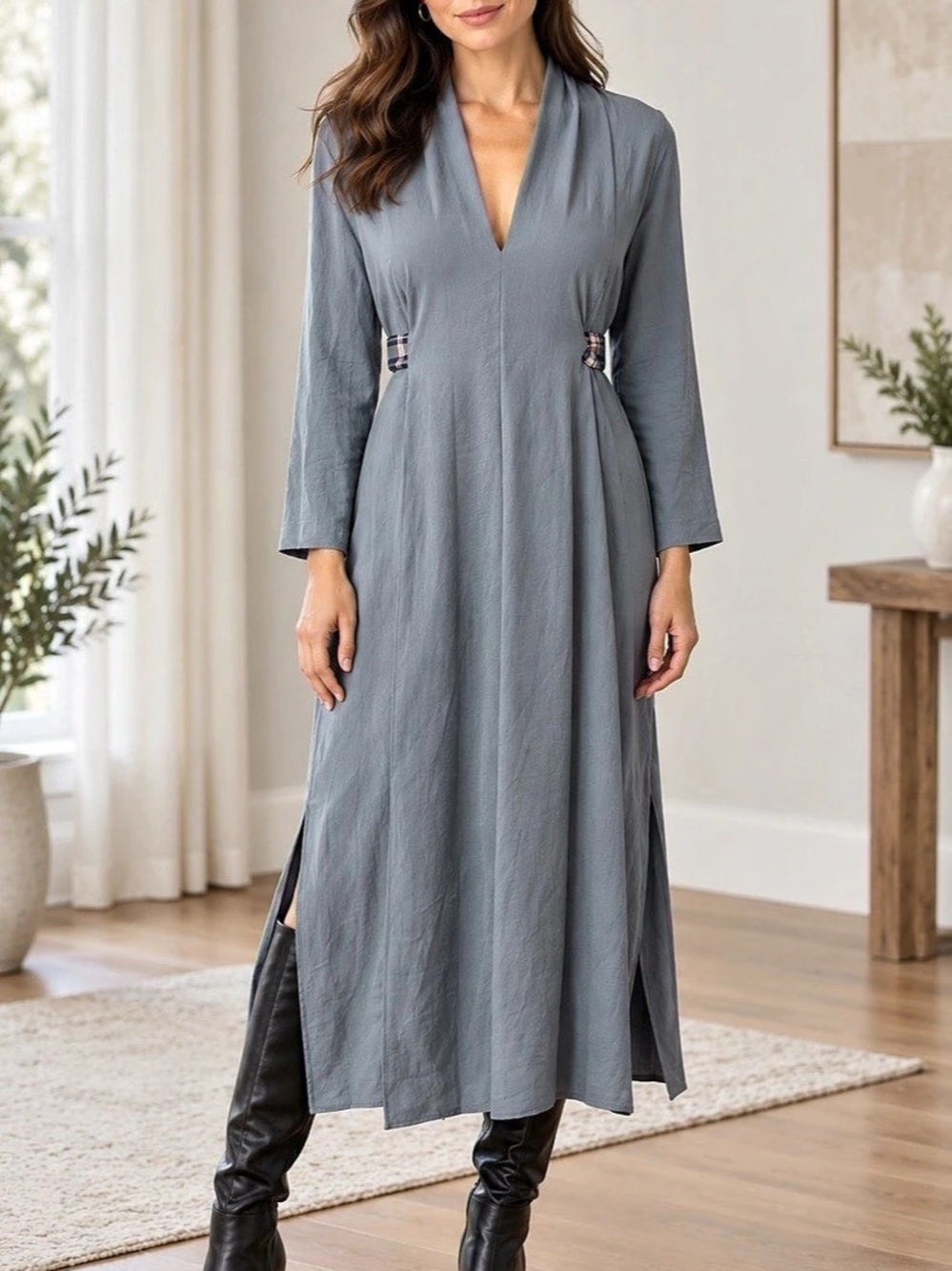 Zara Gray Blue Plaid Belted Midi Dress